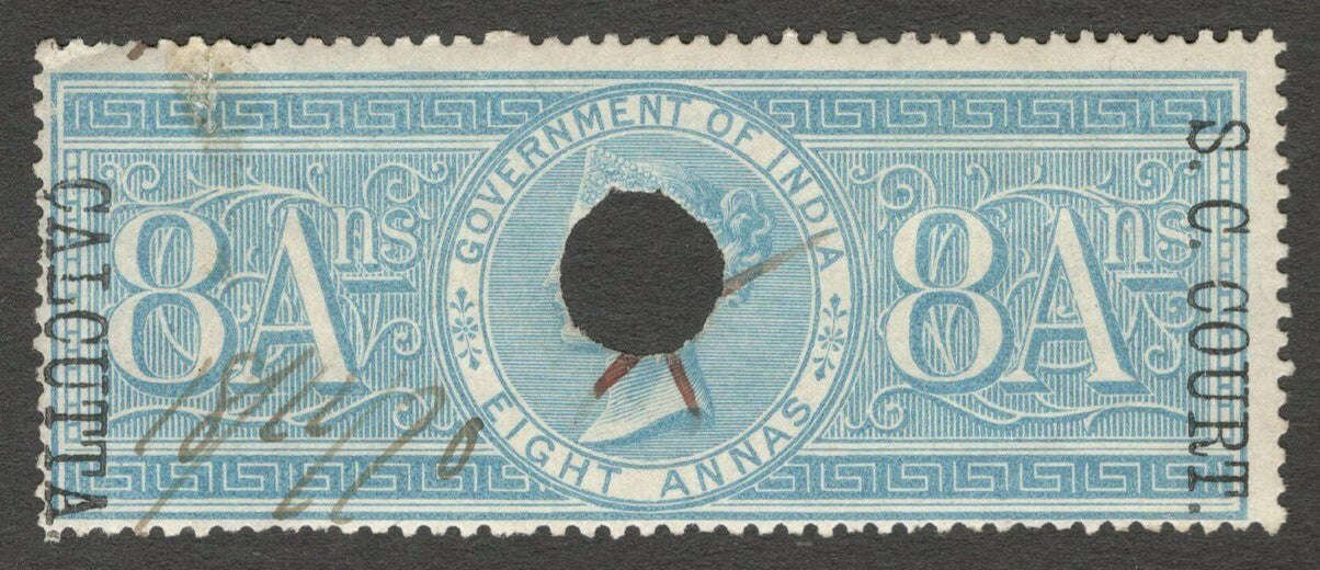 AOP India 1868-69 S C COURT CALCUTTA ovpt on SPECIAL ADHESIVE 8a used. Bft 52