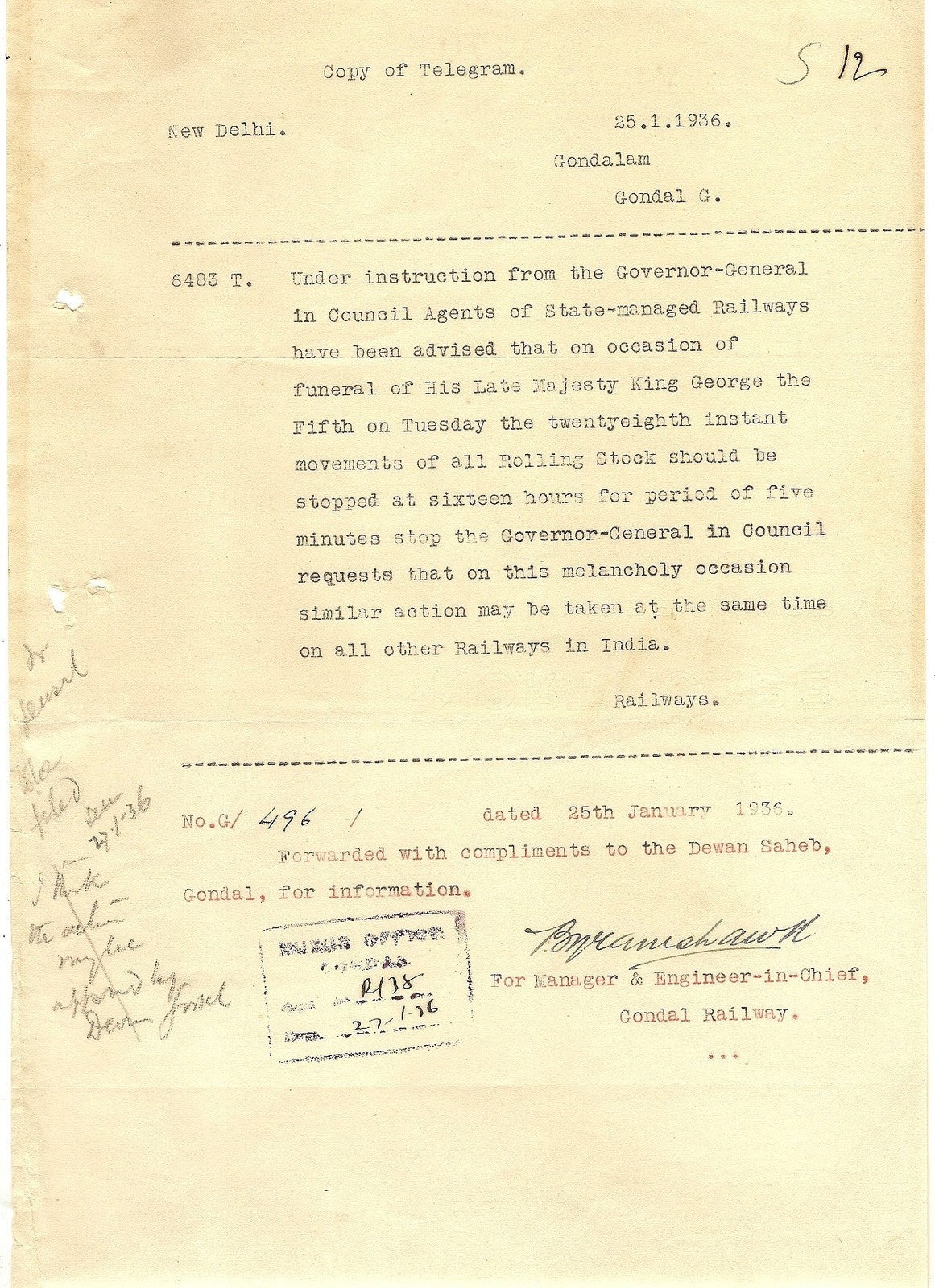 India 1936 KGV Mourning Orders for Gondal State ALL TRAINS TO STOP FOR 5 MINUTES