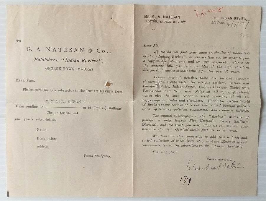 AOP India 1937 letter signed G Natesan, editor of Indian Review