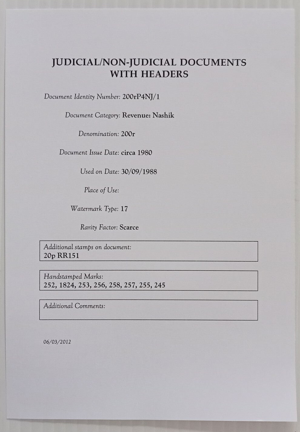 AOP India Capital 200R stamp paper Wmk Type 17