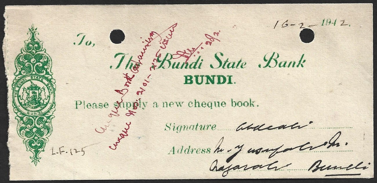 (AOP) India CHECK : THE BUNDI STATE BANK, Bundi 1942