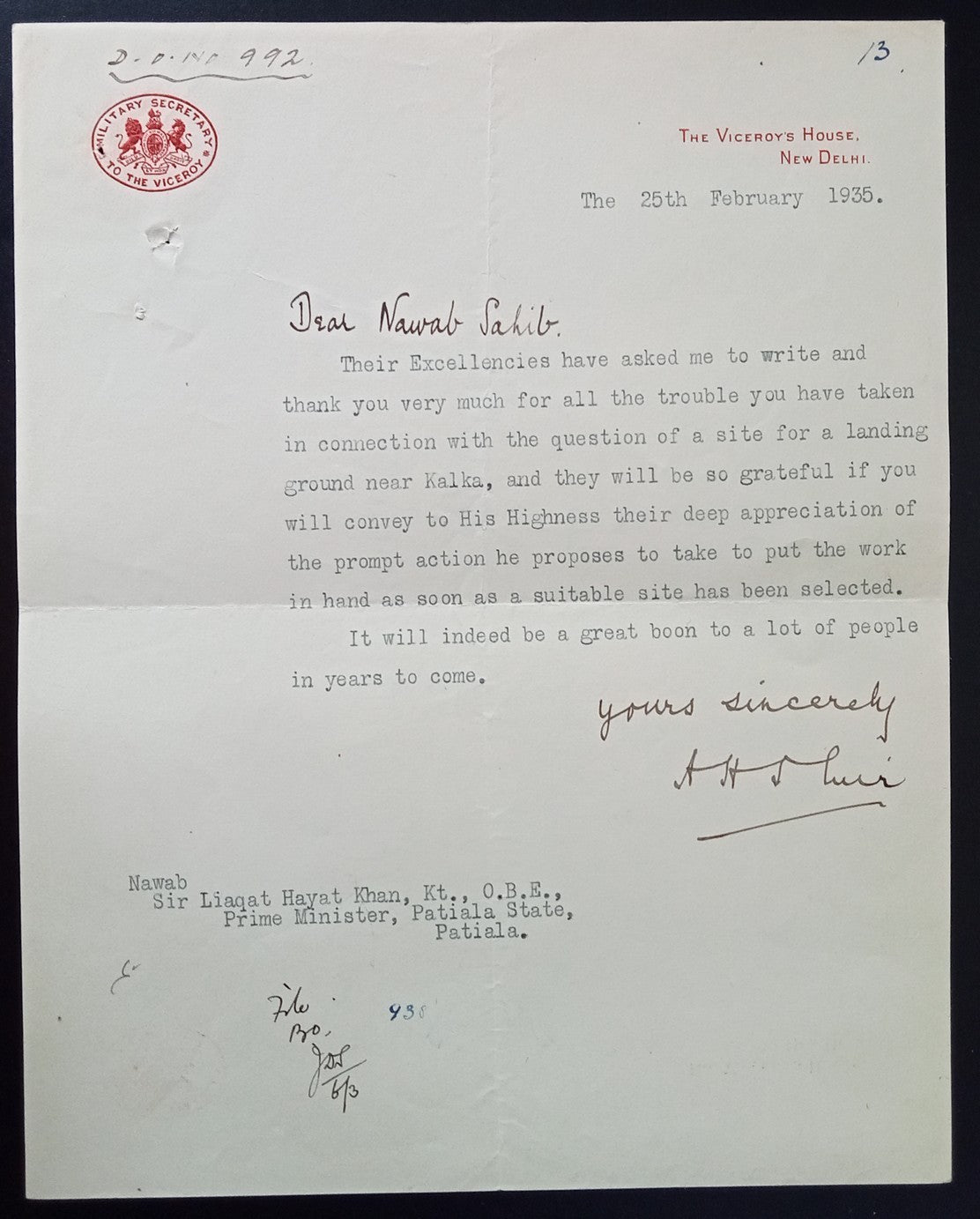 India 1935 crested letter MILITARY SECRETARY TO THE VICEROY re: Landing ground