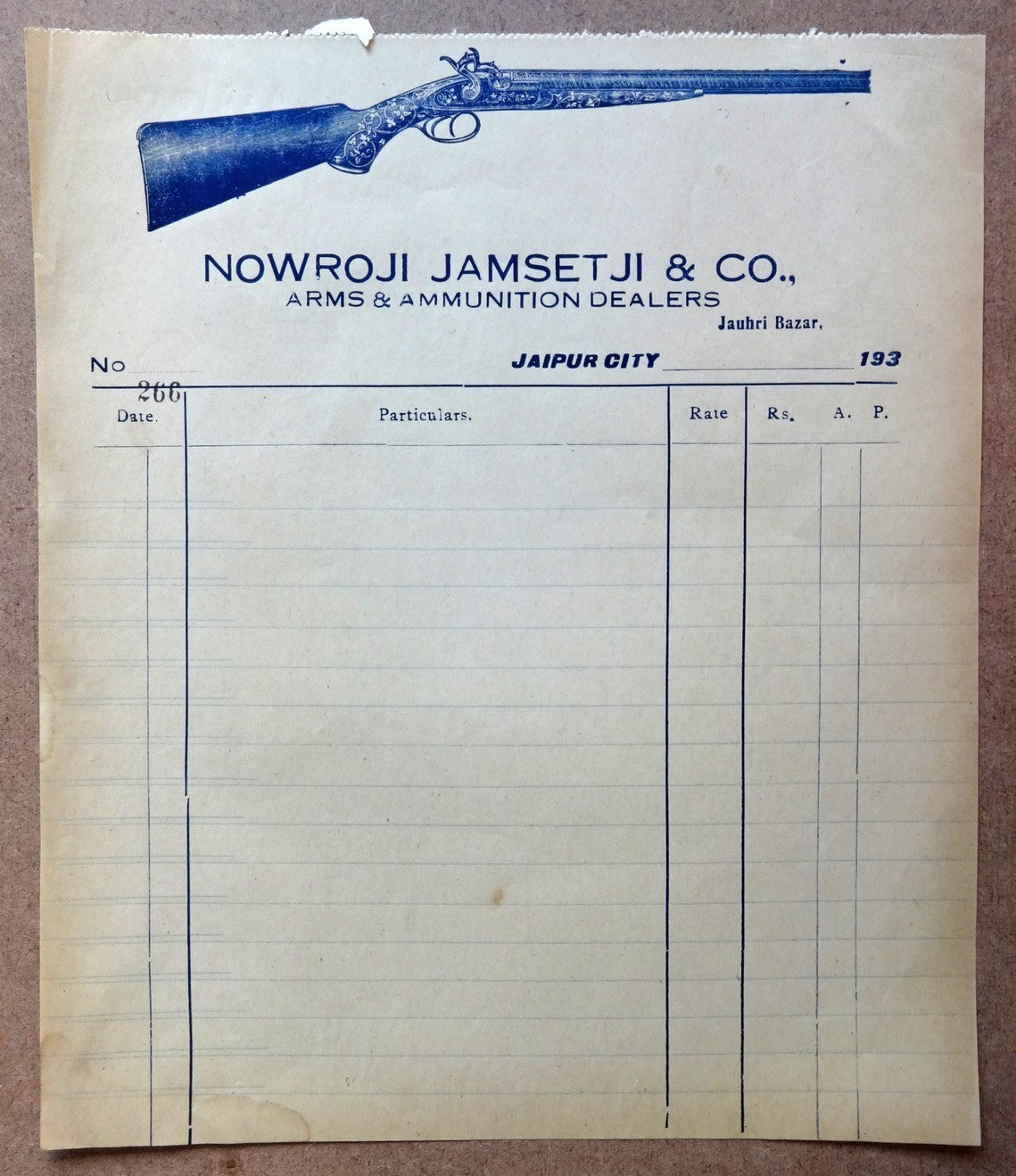 India 1930s Nowroji Jamsetji Arms & Ammunition Dealers Jaipur Billhead