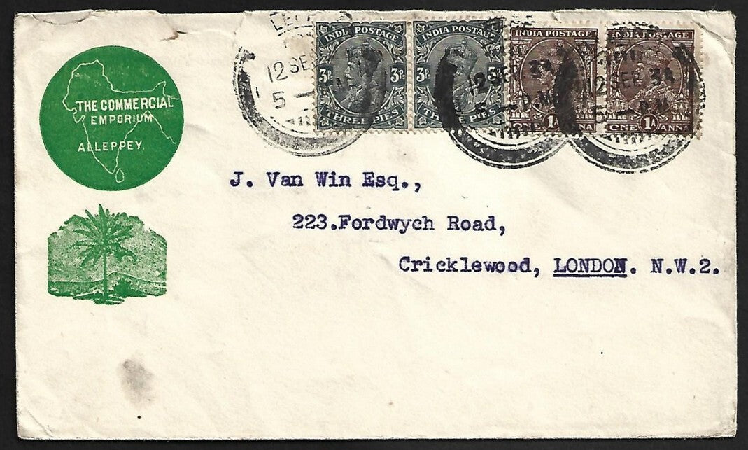 India 1934 Commercial Emporium Alleppey pictorial advertisement cover to London