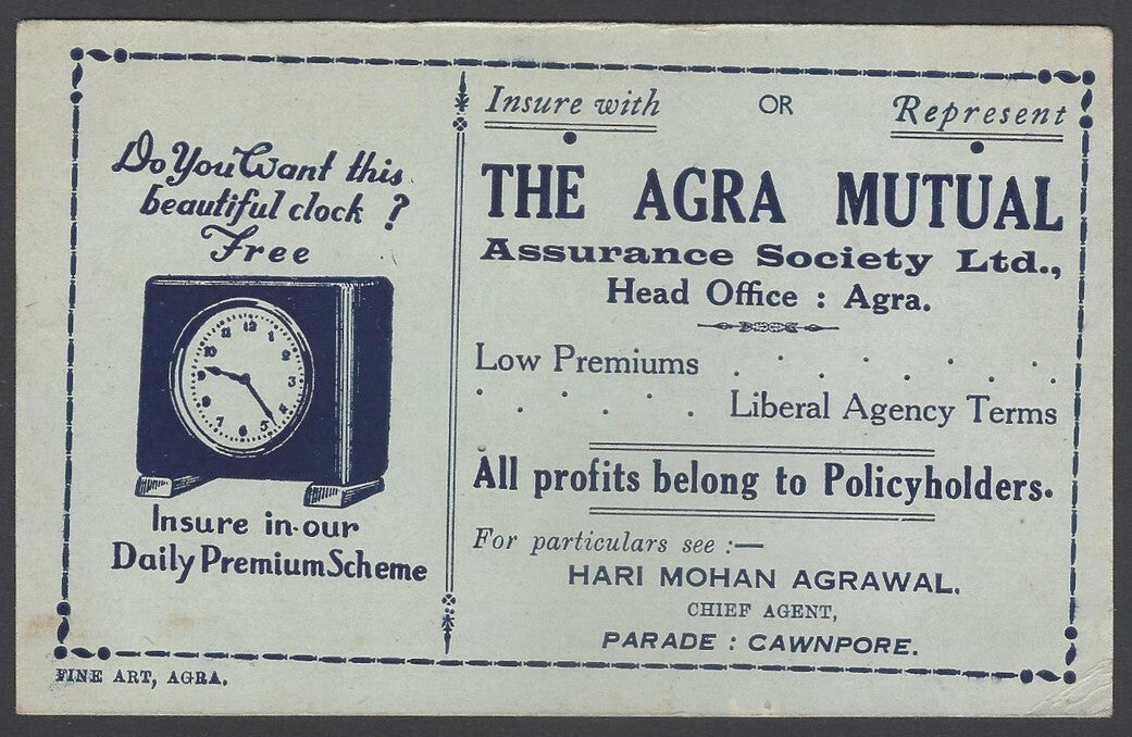 AOP India 1940s advertisement blotter - Insurance, Clock