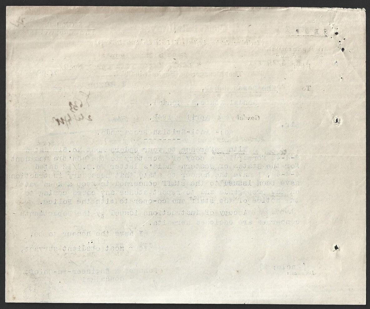 India 1942 Official SECRET Gondal Railway telegram Re: Anti British Propaganda