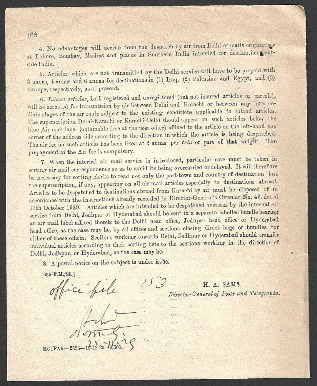 India 1929 DG'S POSTAL CIRCULAR Air Mail Service between Delhi & Karachi