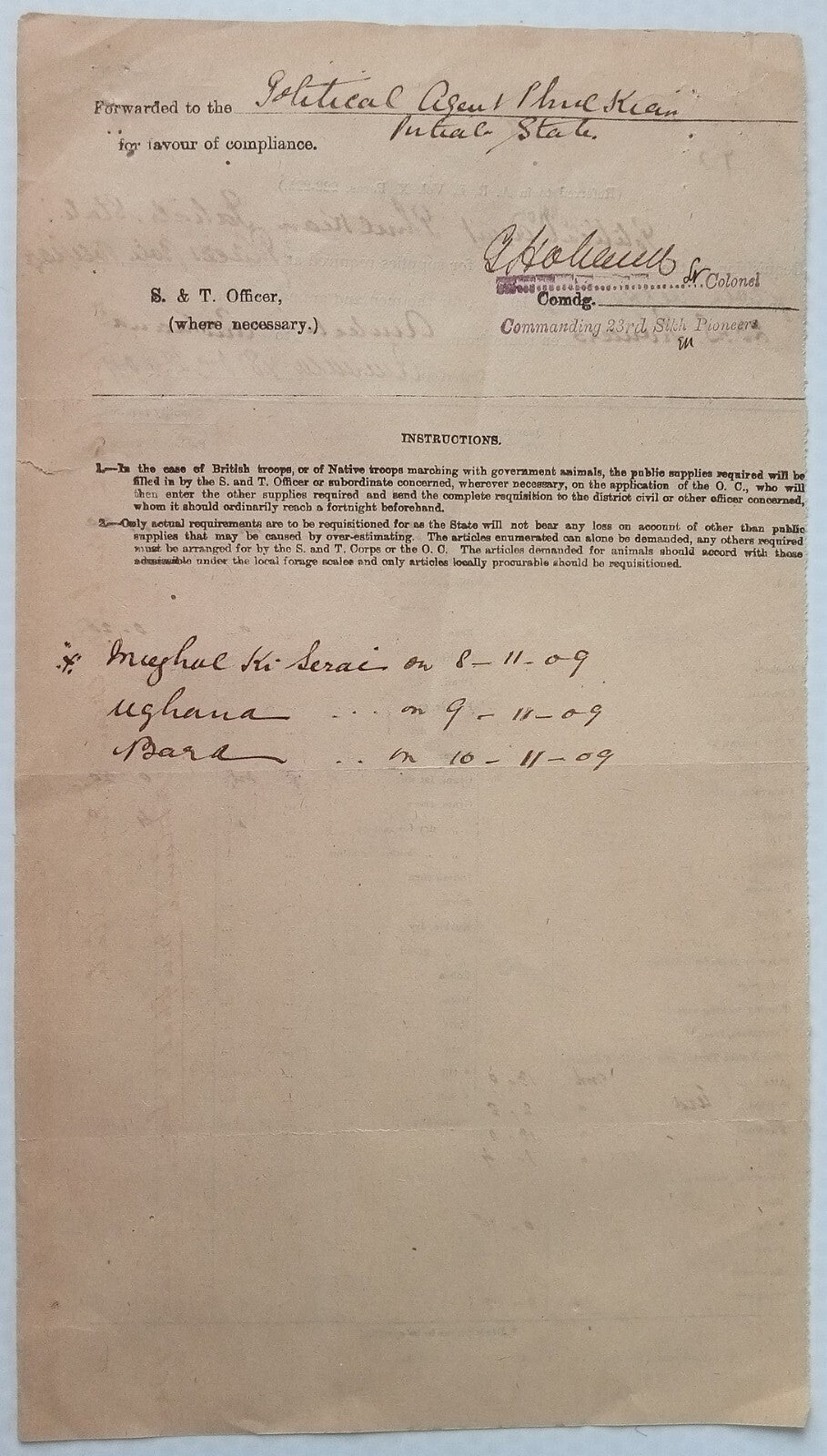 British India Military 1909 British Troops & Native Troops food requisition form