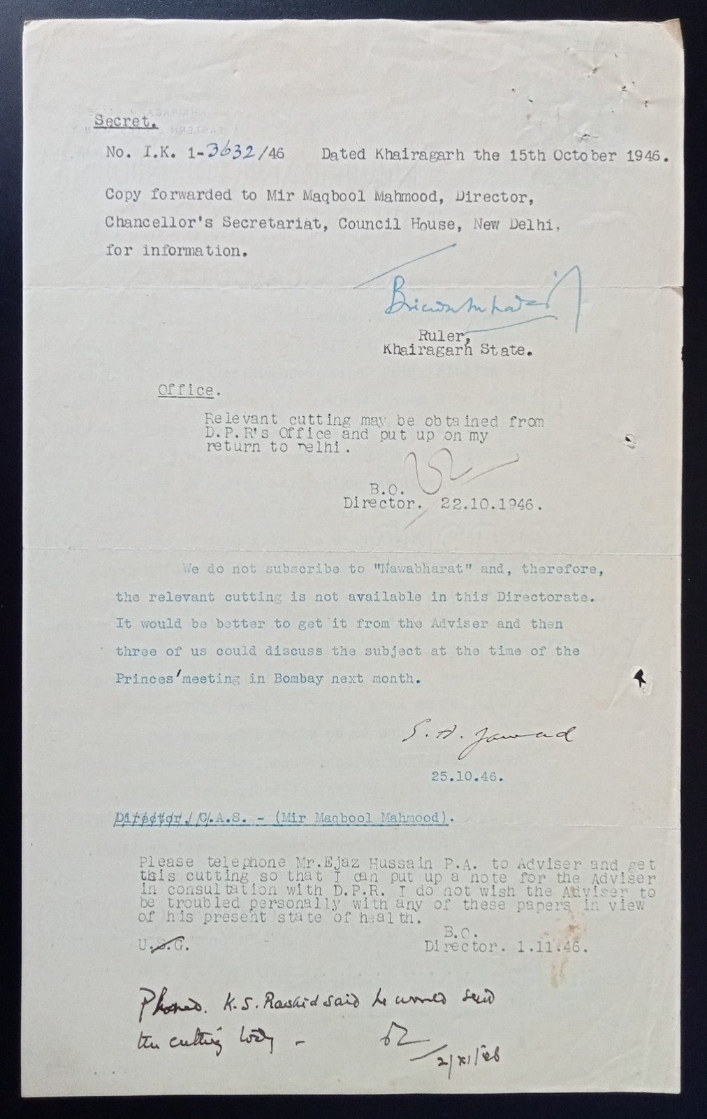 India 1946 letter signed Raja of Khairagarh with State crest / Coat of Arms