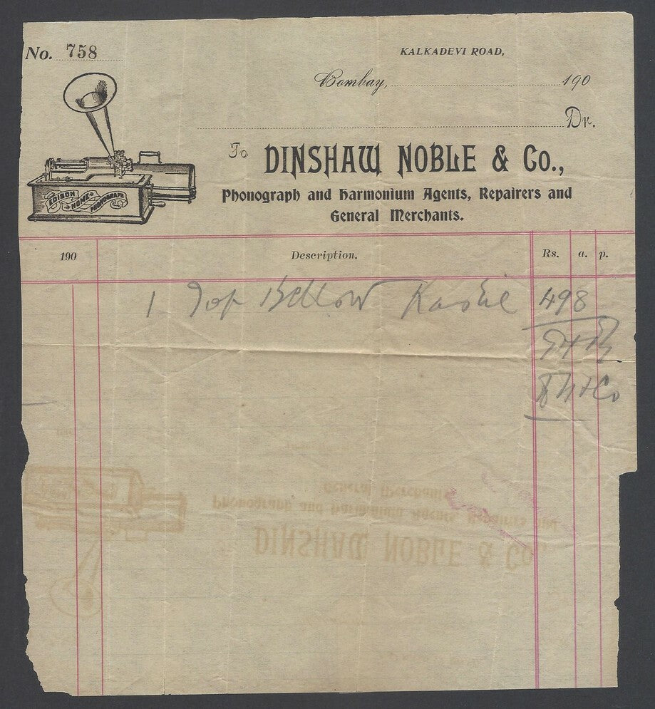 AOPIMT India 1900's bill head Phonograph & Harmonium repairers