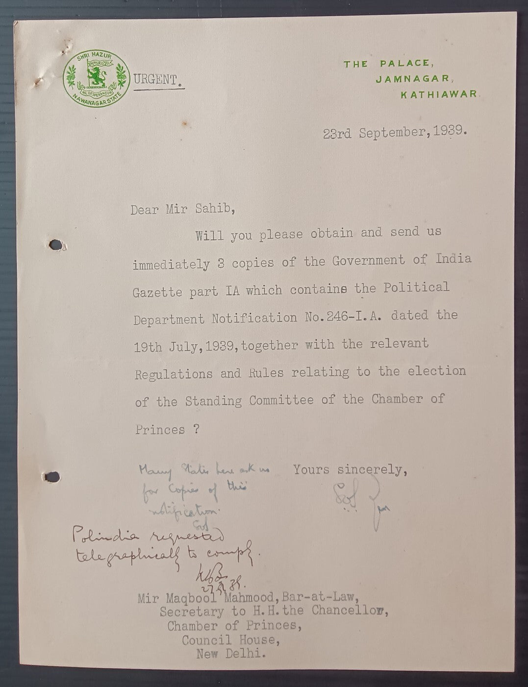 India NAWANAGAR STATE 1939 crested letter