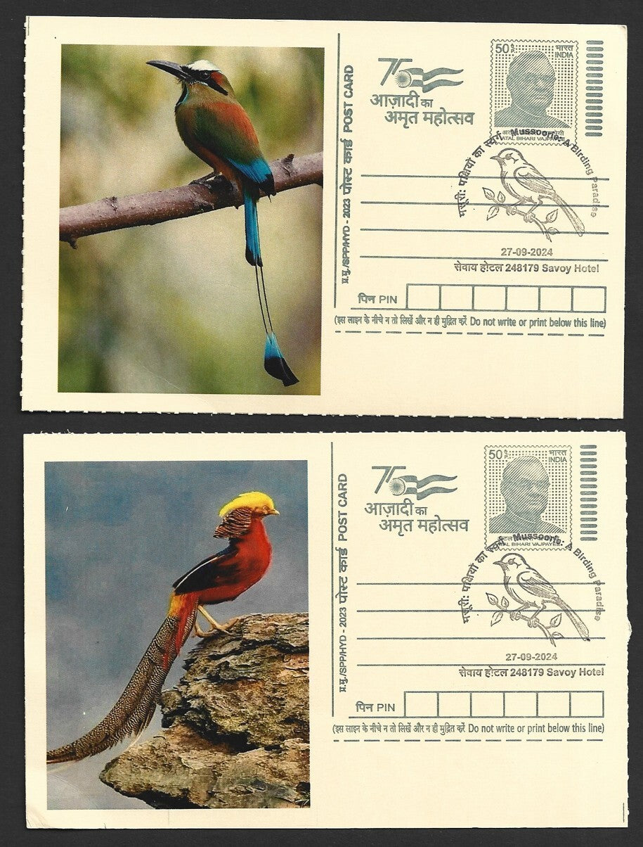 India 2024 Birding Paradise Savoy Hotel postmarks on cards LONG TAILED BIRDS (6)