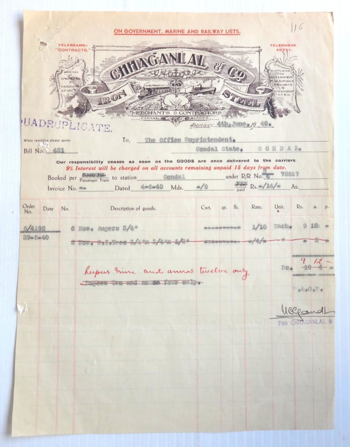 India 1940 illustrated billhead CHHAGANLAL & CO. STEEL Bombay