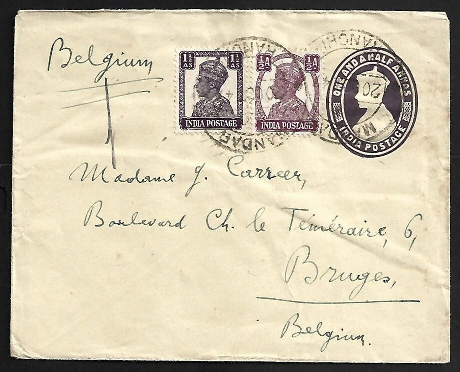 AOP India KGVI 1 1/2a envelope uprated to Belgium to USA
