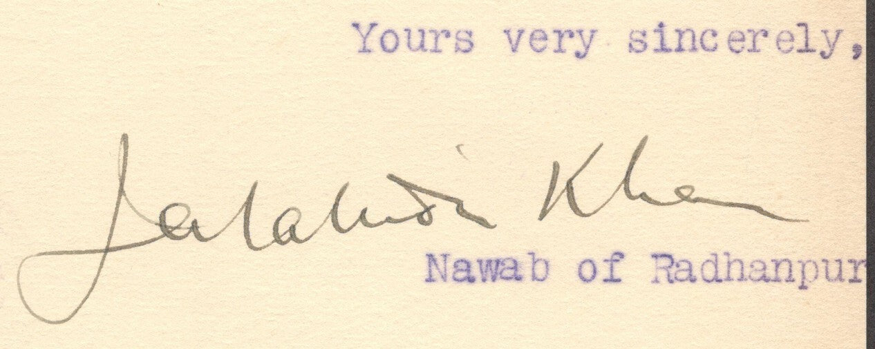 India 1929 crested letter signed NAWAB RADHANPUR STATE Md Jalal ad-Din Khan