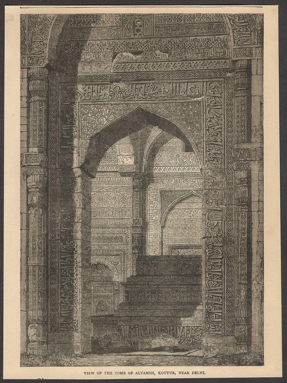 India THE TOMB OF ALTAMSH, KOUTUB engraved print ex libris Rousslet 1876 9"x6.5"