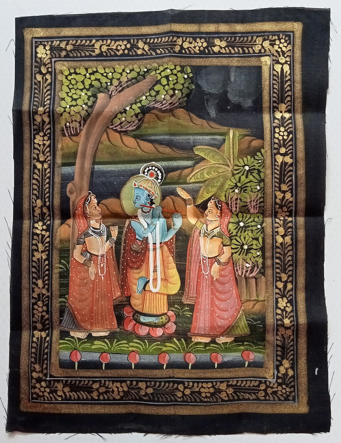 India vintage hand painting on cloth RADHA & KRISHNA 9 x 12 inches