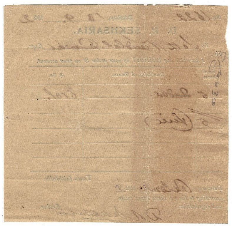 India 1922 Share Purchase receipt – delivery after a month