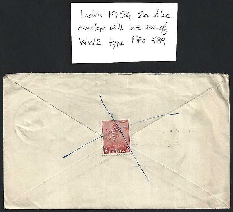 India 2a blue envelope used FPO 689 to Ed Proud Malaya
