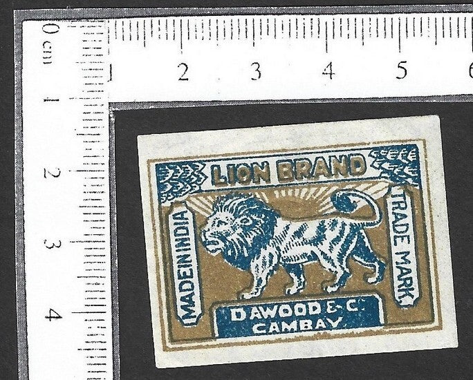 India VINTAGE matchbox label LION BRAND by Dawood & Co., Cambay