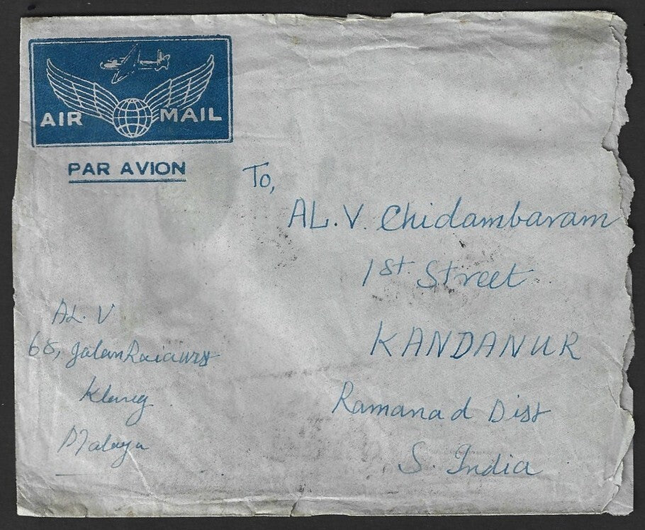 Malaya Selangor 1956 cover Klang to India with Singapore stamps mixed franking