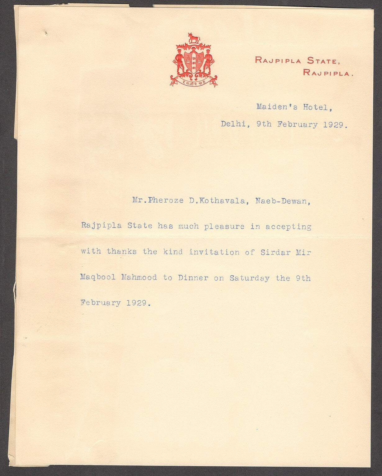 India 1929 crested letter RAJPIPLA STATE