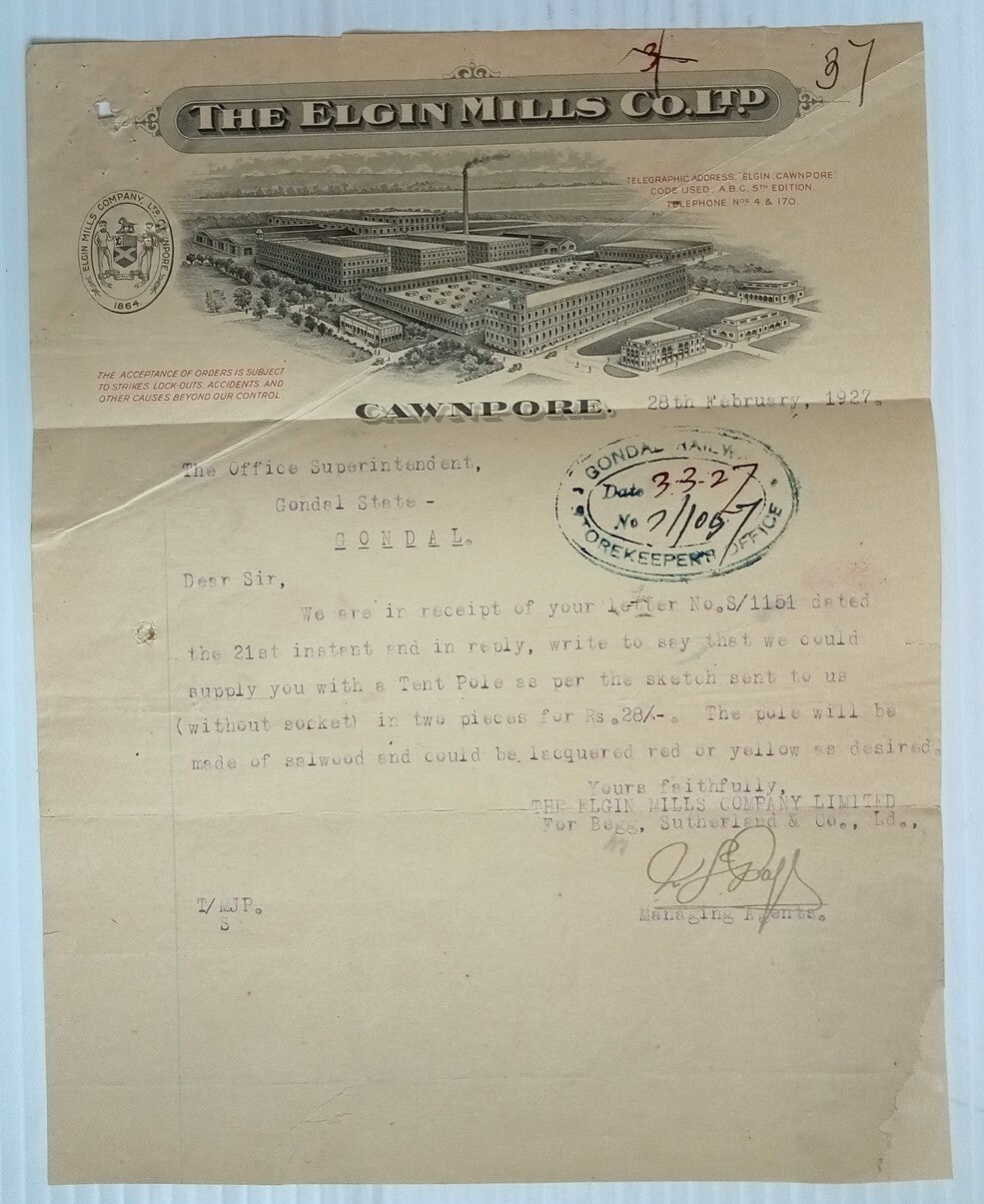 AOP India 1927 illustrated letterhead THE ELGIN MILLS CO. LTD. Kanpur