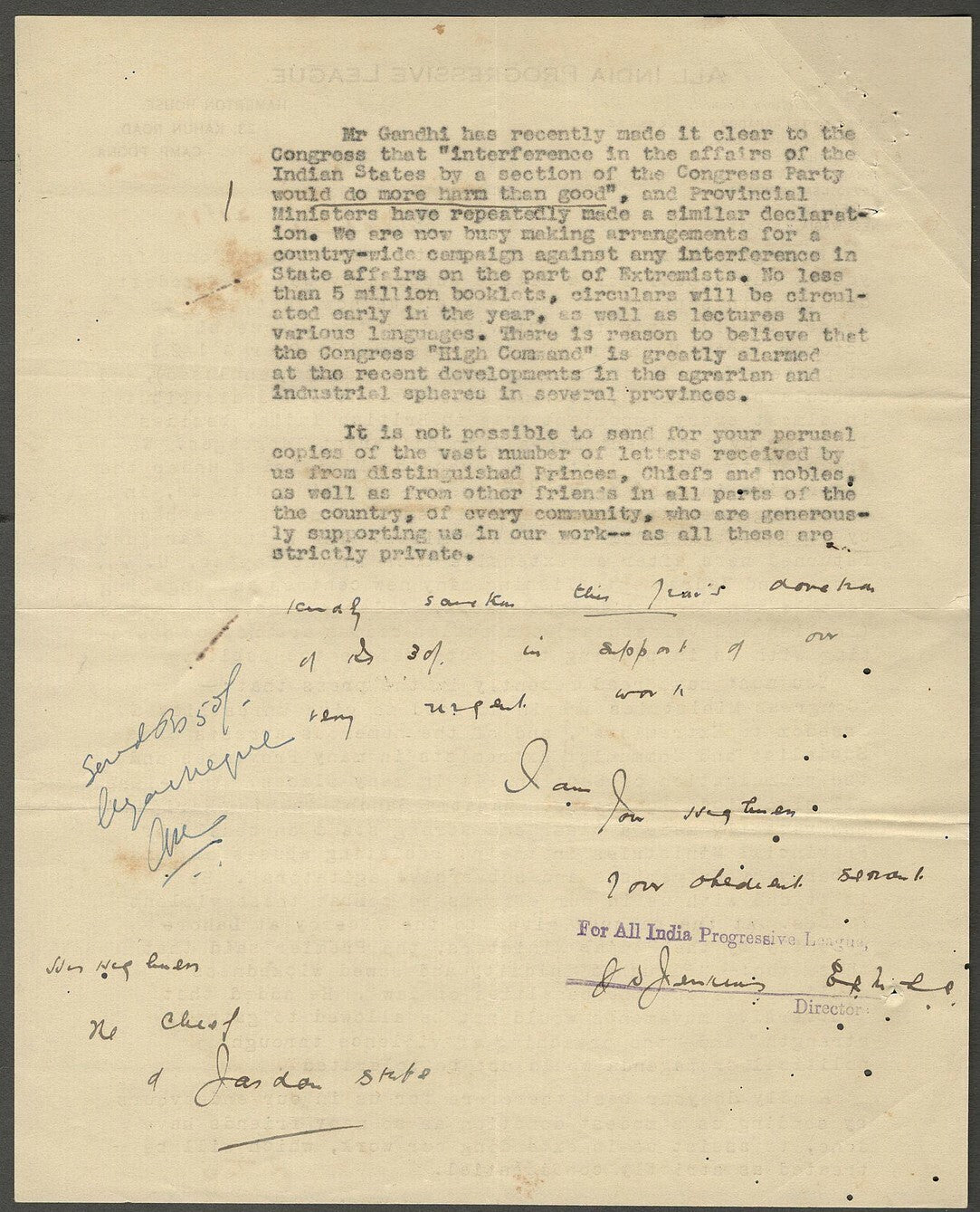 AOP All India Progressive League 1938 State of Union letter HANDS OFF THE STATE