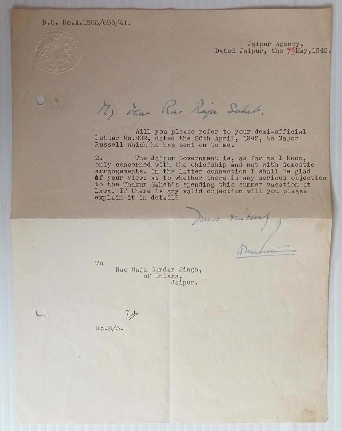 AOP India 1942 crested letter GOVERNMENT OF INDIA to the Raja of Uniara