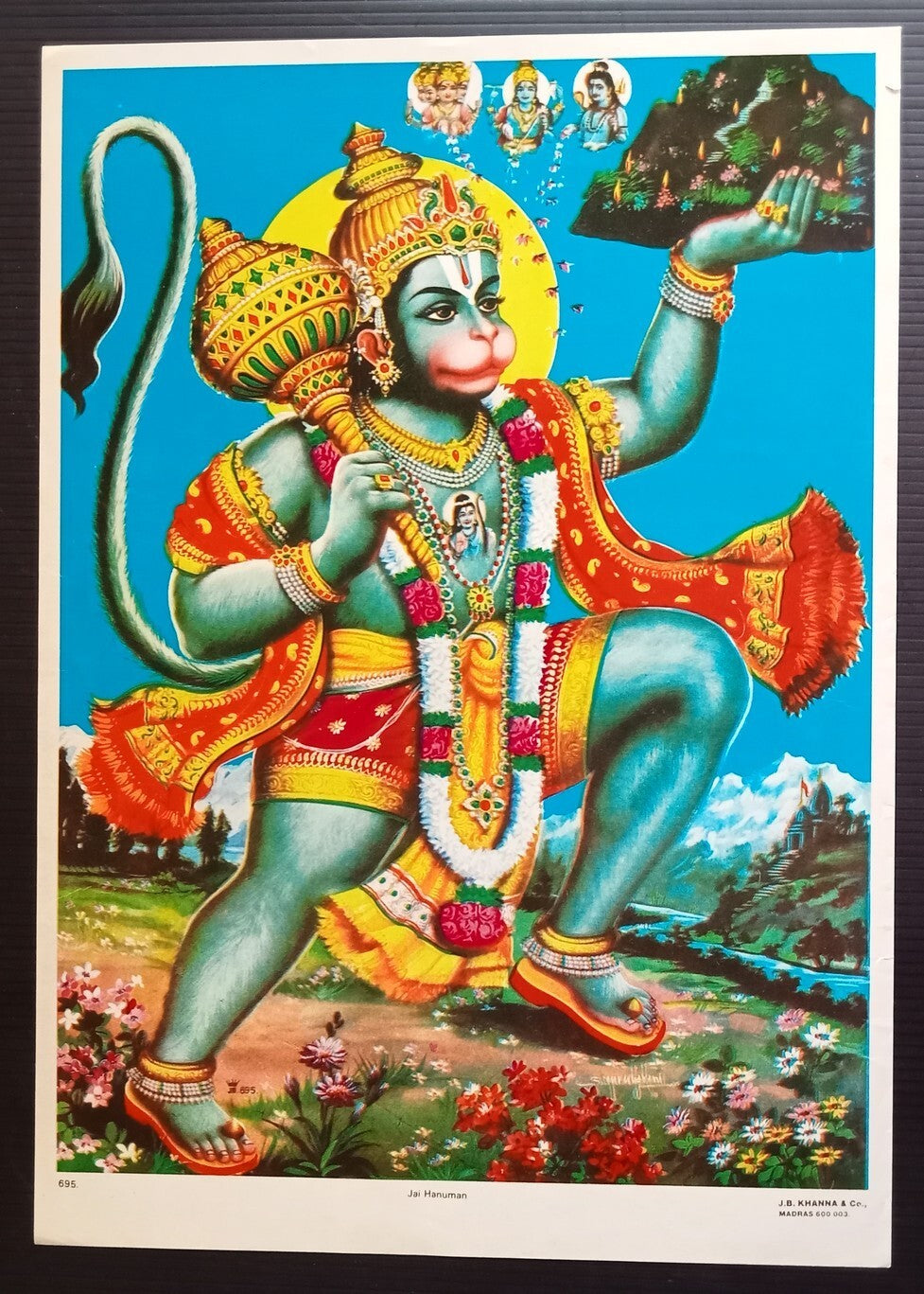 India vintage Hindu Gods poster Jai Hanuman 9.5"x13.5" inches by J.B. Khanna