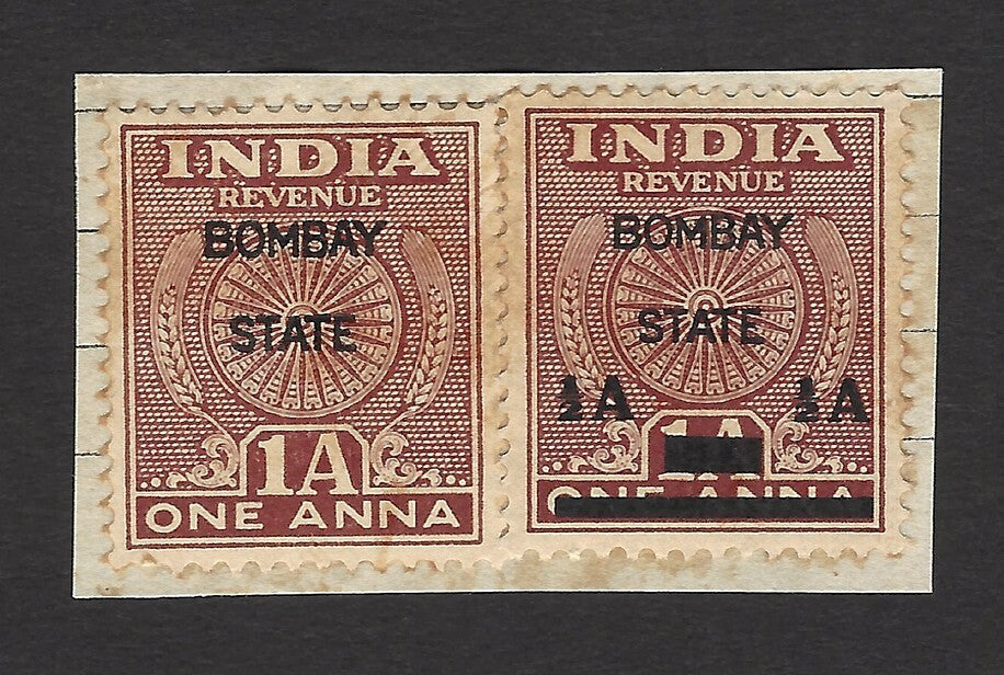 India 1950s revenue 1/2a on 1a on piece