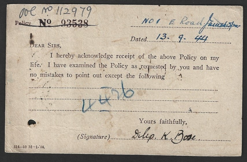 India 1944 Business Reply card unaccepted, charged single deficiency Postage Due