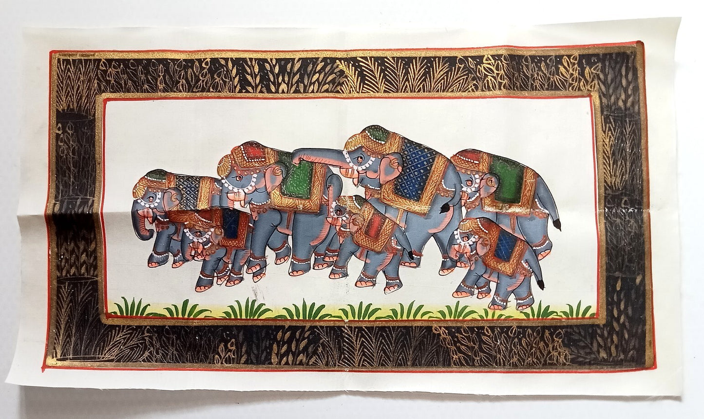 India vintage hand painting on cloth SEVEN ELEPHANTS 8 x 15 inches