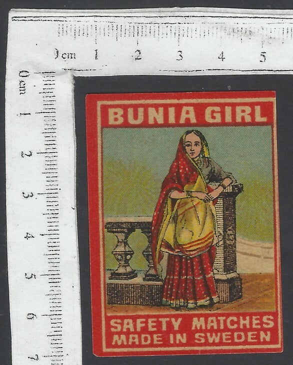 AOP India vintage matchbox label Bunia Girl Made in Sweden