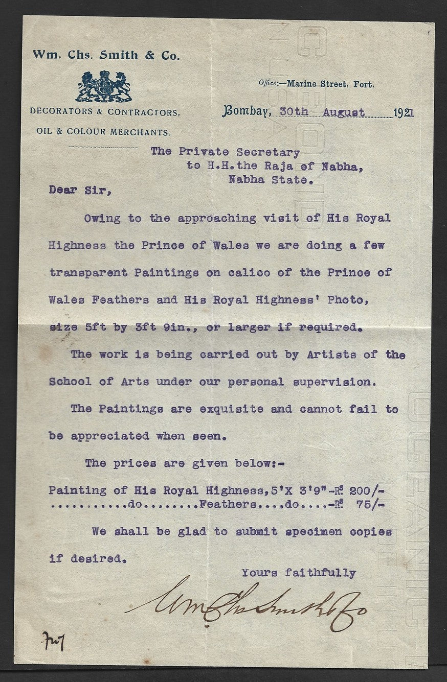 India 1921 PRINCE OF WALES visit letter about painting his feathers