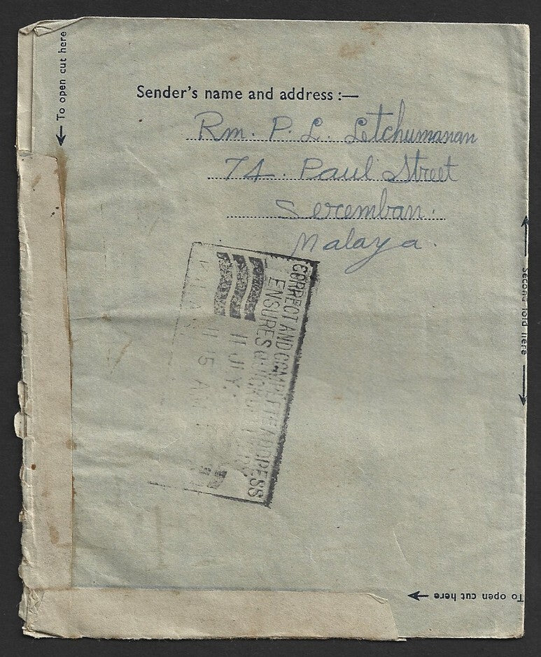 Malaya Negri Sembilan 1953 cover used Kuala Lumpur, Selangor to India