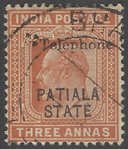 AOP India Patiala State TELEPHONE STAMP KEdVII 3a used. SG T8