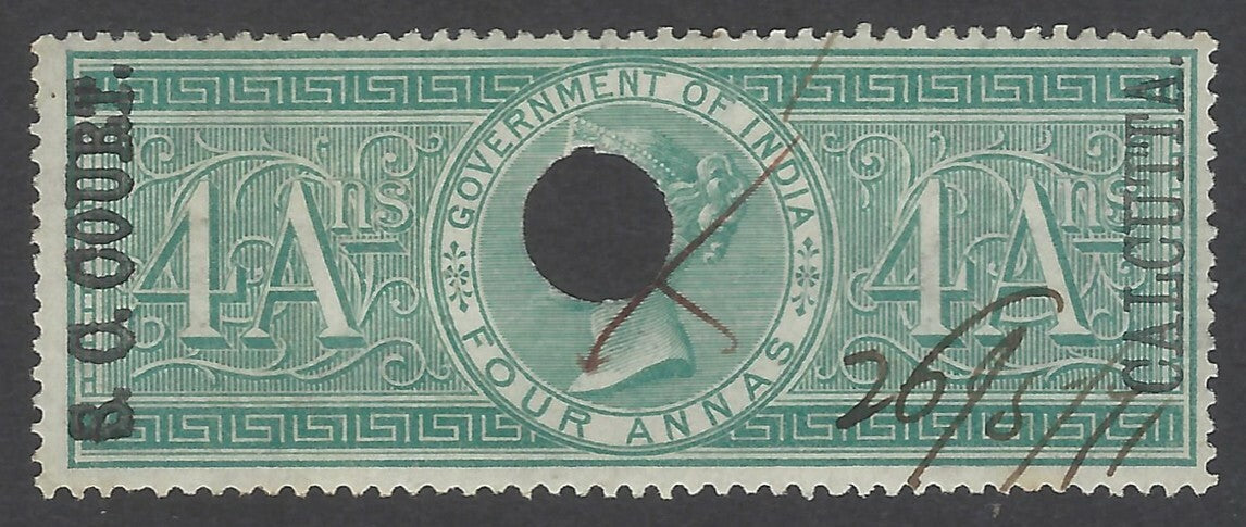 AOP India S.C. COURT CALCUTTA overprint on 1868 Special Adhesive 4a. Bft 67