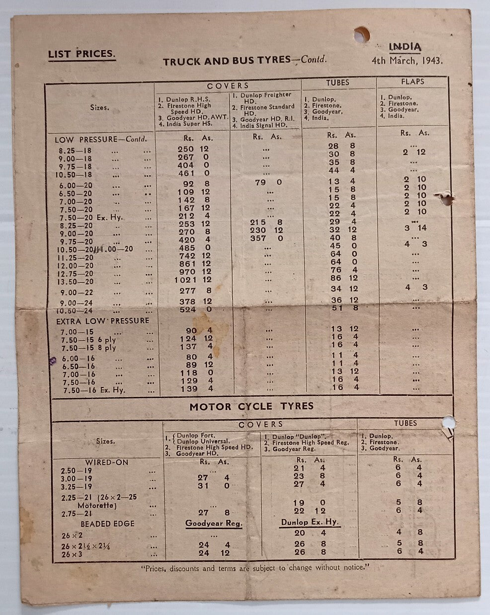 AOP India 1943 DUNLOP TYRES 1943 price list