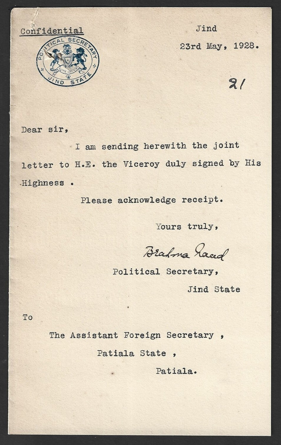 India 1928 signed crested letter POLITICAL SECRETARY * JIND STATE