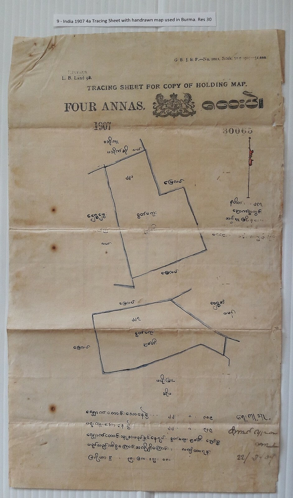 India 4as Tracing Sheet used 1909 in Burma