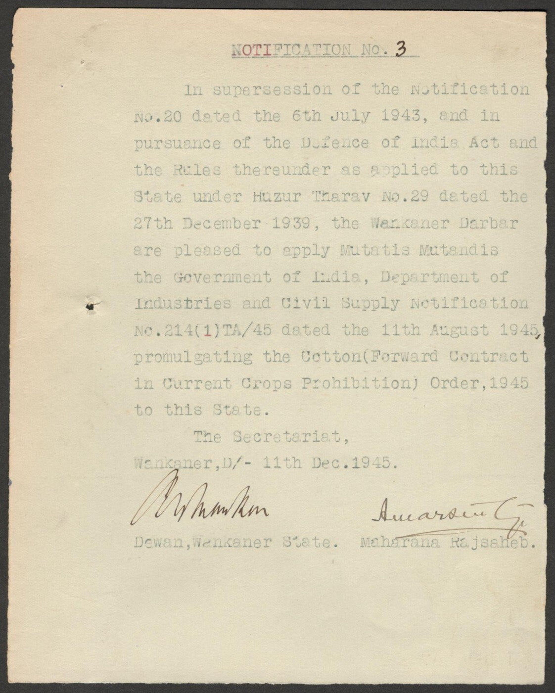 (AOP) India 1945 COCONUT FUTURES ORDER signed by Amar Singh MAHARAJA of WANKANER