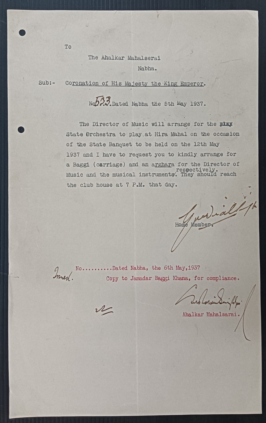 India 1937 Coronation of King Emperor George VI State Banquet, Nabha letter