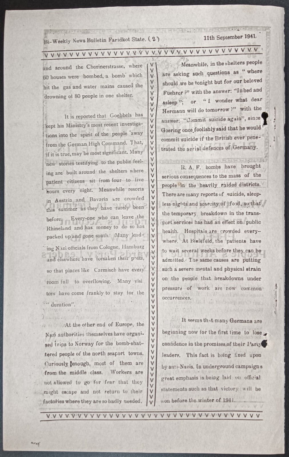 India WW2 1941 FARIDKOT STATE BI-WEEKLY NEWS BULLETIN - Effect of the New Bomb