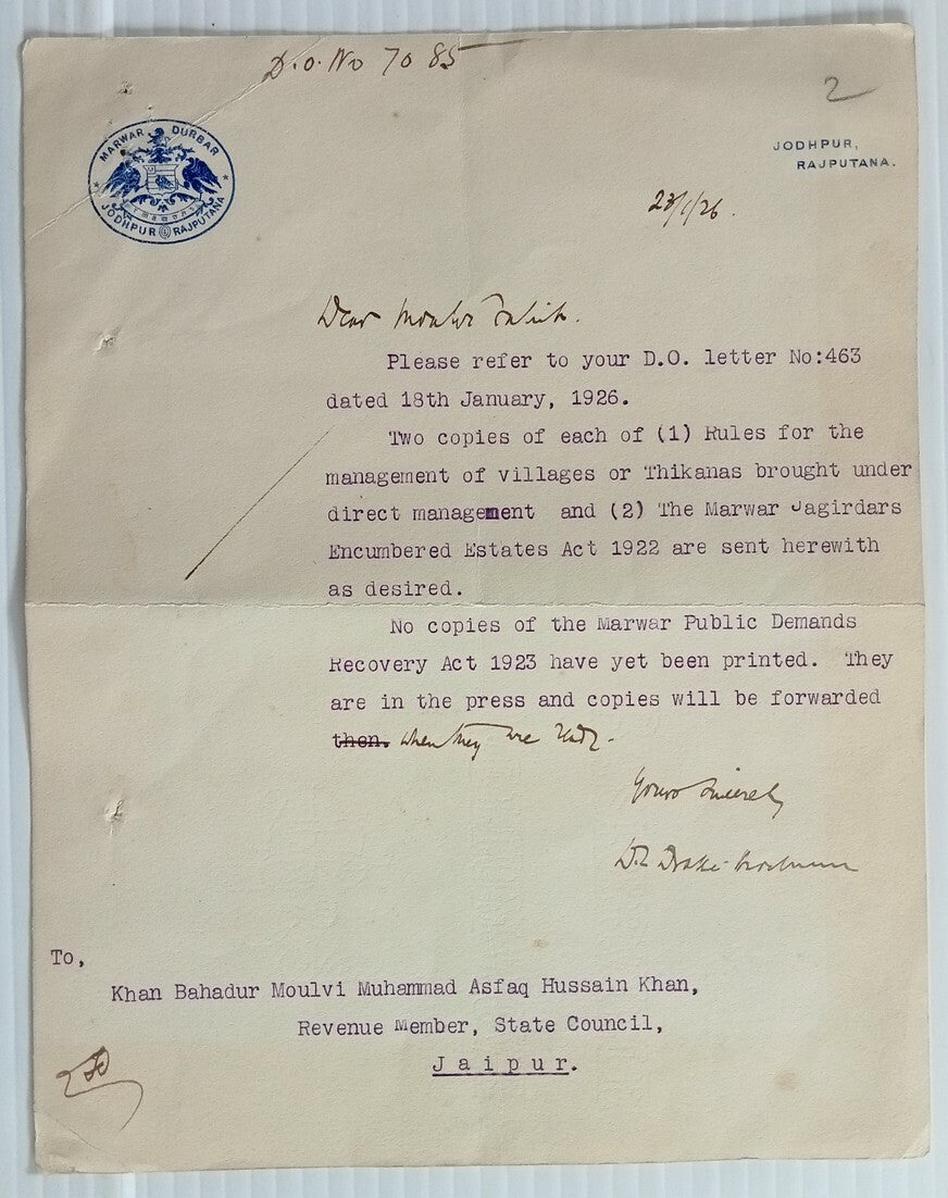 AOP India MARWAR DURBAR JODHPUR RAJPUTANA crested letter 1926