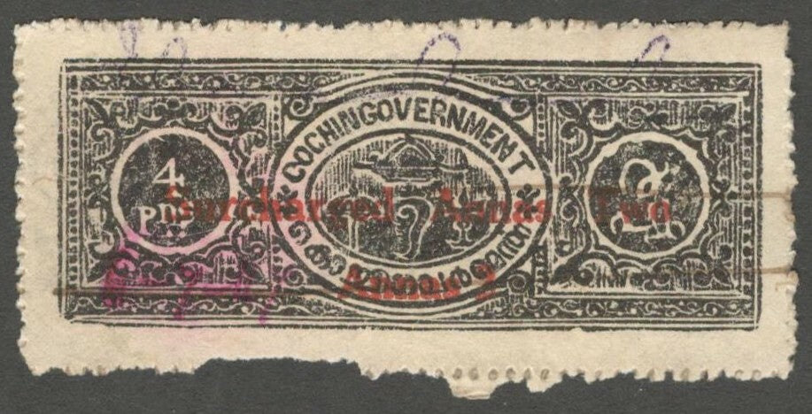India Cochin State revenue stamp overprinted SURCHARGED ANNAS TWO on 4p black