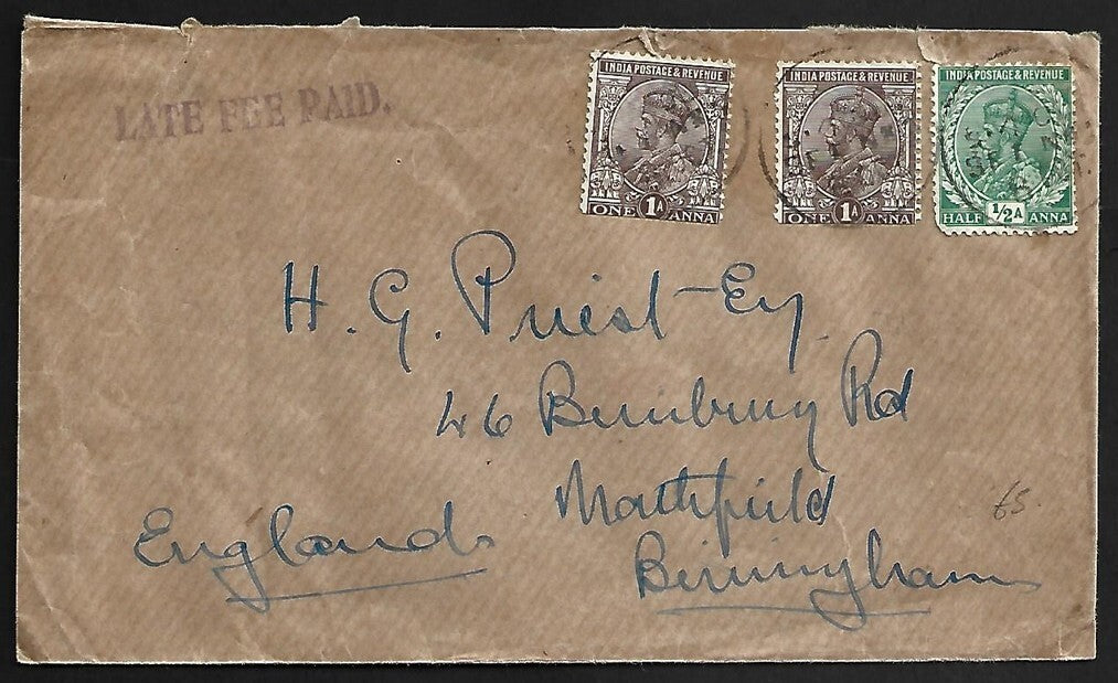 AOP India KGV cover to England with violet LATE FEE PAID hs