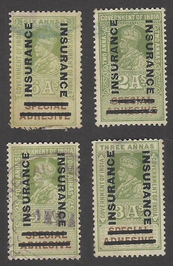 India KGV Insurance provisional 2a, 3a, 4a & 6a overprinted on Special Adhesive
