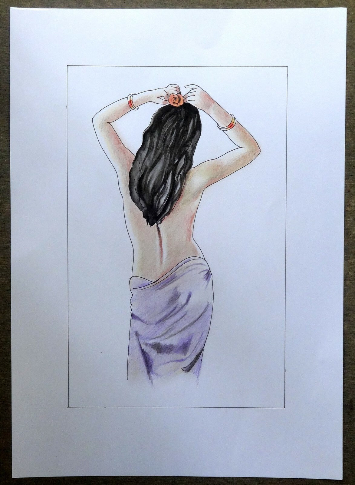 Indian Beauty watercolours, crayons & ink on card 11.5” x 17.5”