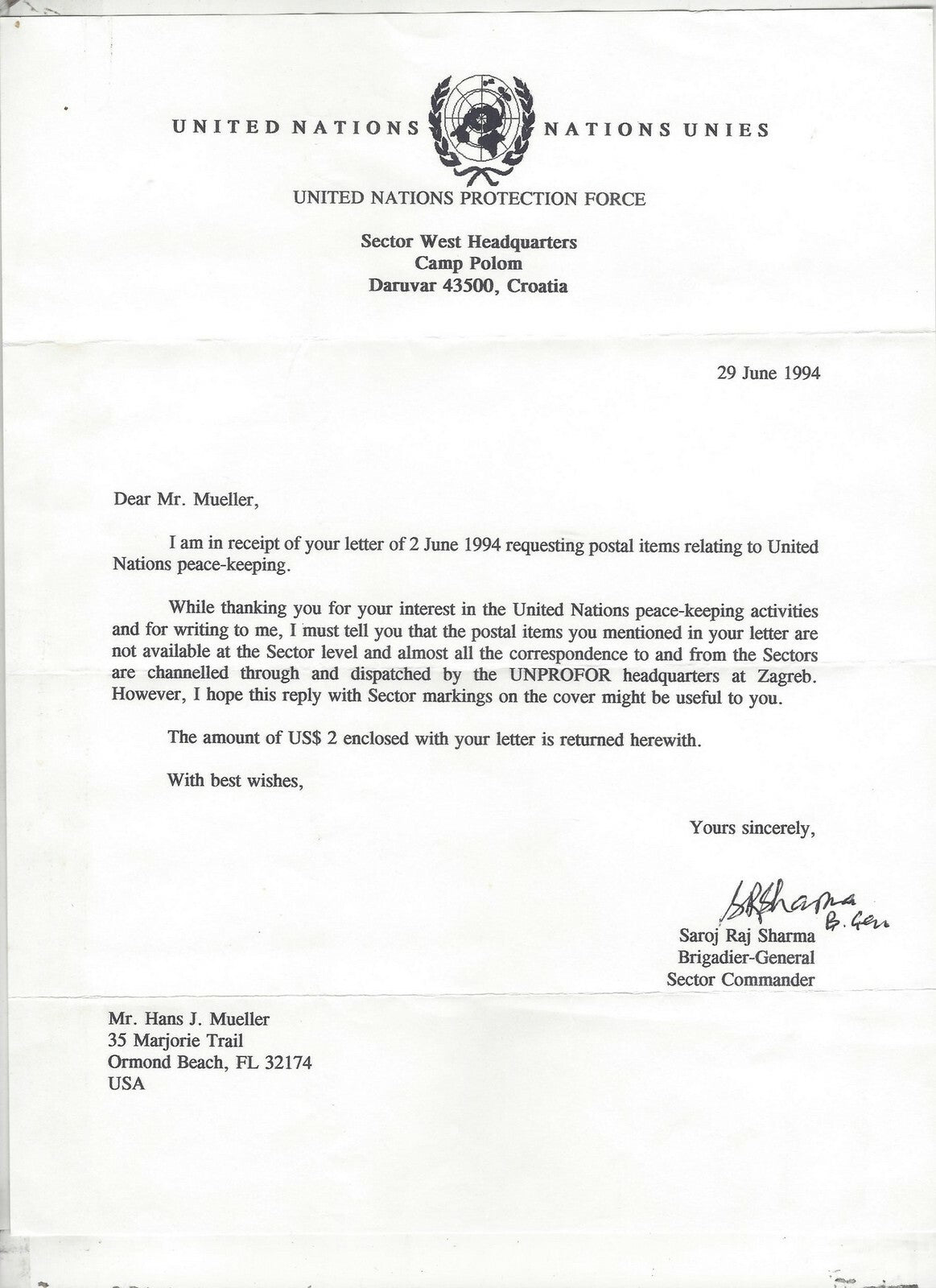 Croatia UNPROFOR UN Protection Force 1994 Indian Contigent cover & letter